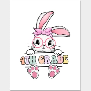 Vintage Happy Easter Bunny 4th Grade Teacher For Girls Kids Posters and Art